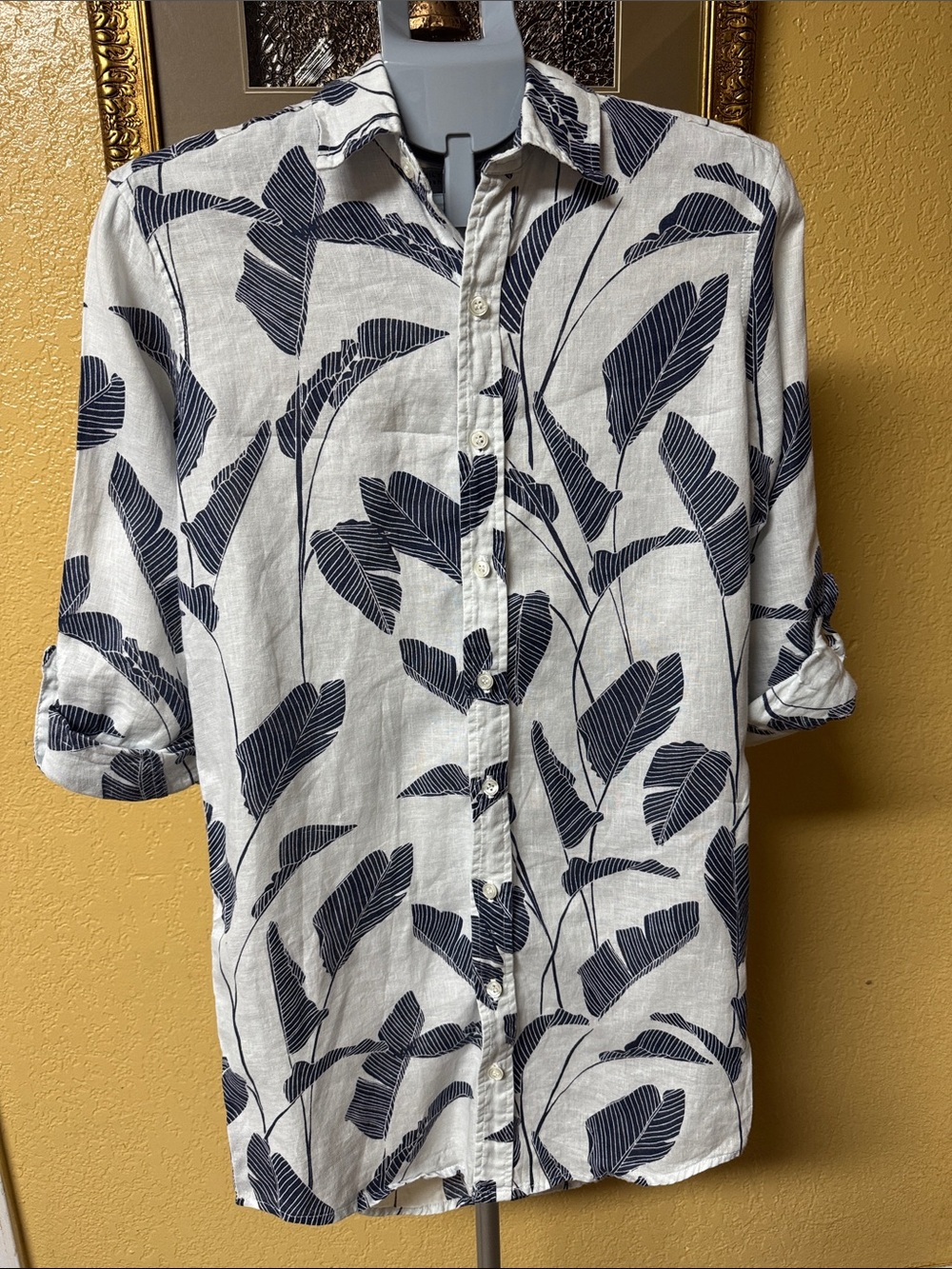 Men's White Casual Button-Down Shirt with Navy Leaf Print
